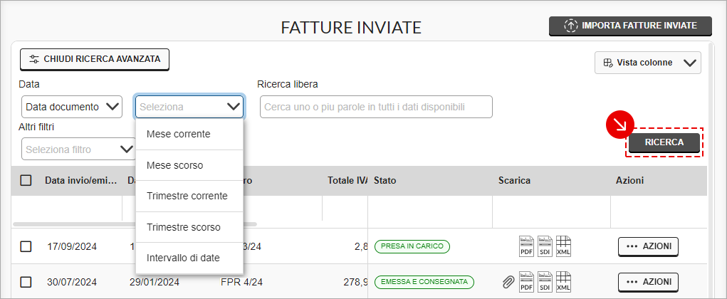 Ricerca avanzata delle fatture inviate con filtri per data e testo libero