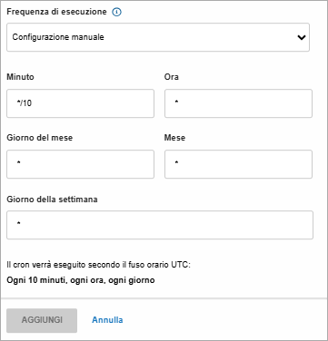Modulo pianificazione cron: frequenza manuale; esecuzione ogni 10 minuti (UTC).