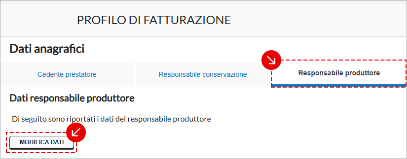 Sezione Responsabile produttore nel Profilo di fatturazione con pulsante Modifica dati
