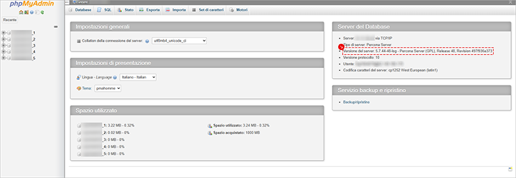 phpMyAdmin: pagina Server; pannelli impostazioni e spazio usato, in Server del Database versione MySQL evidenziata.