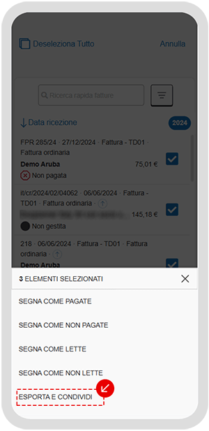 Schermata dell’app con opzione Esporta e condividi per le fatture ricevute selezionate