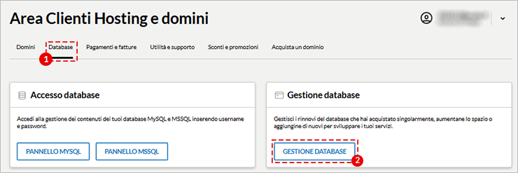 Area Clienti: scheda Database; nel riquadro Gestione database seleziona il pulsante GESTIONE DATABASE.