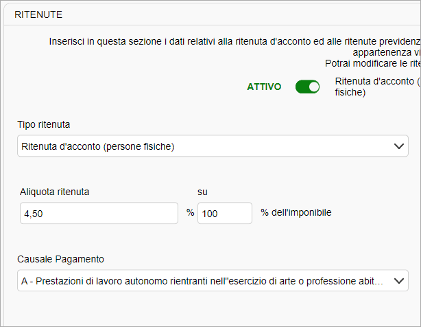 Impostazione ritenuta d’acconto