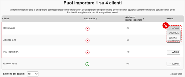 Elenco clienti importabili con menu Azioni per Modifica o Elimina