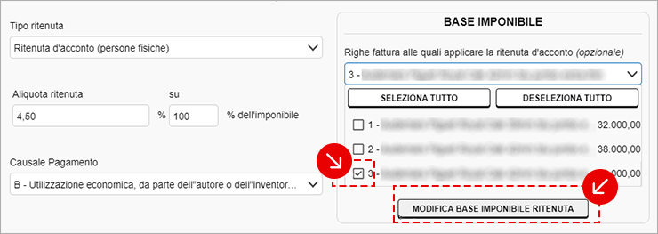 Selezione base imponibile ritenuta
