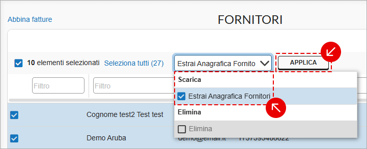 Menu azioni fornitori con Estrai Anagrafica Fornitori e Applica