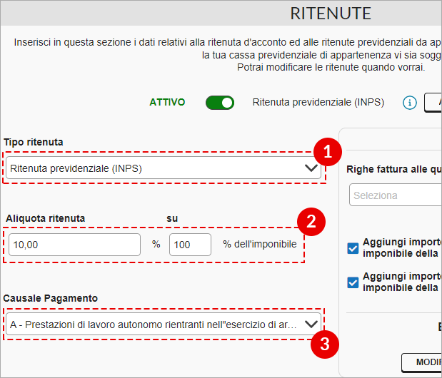 Sezione Ritenute con campi per selezionare tipo ritenuta, aliquota e causale di pagamento