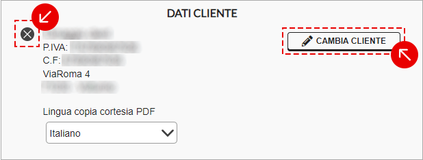 Dati cliente selezionati con opzione Cambia cliente evidenziata