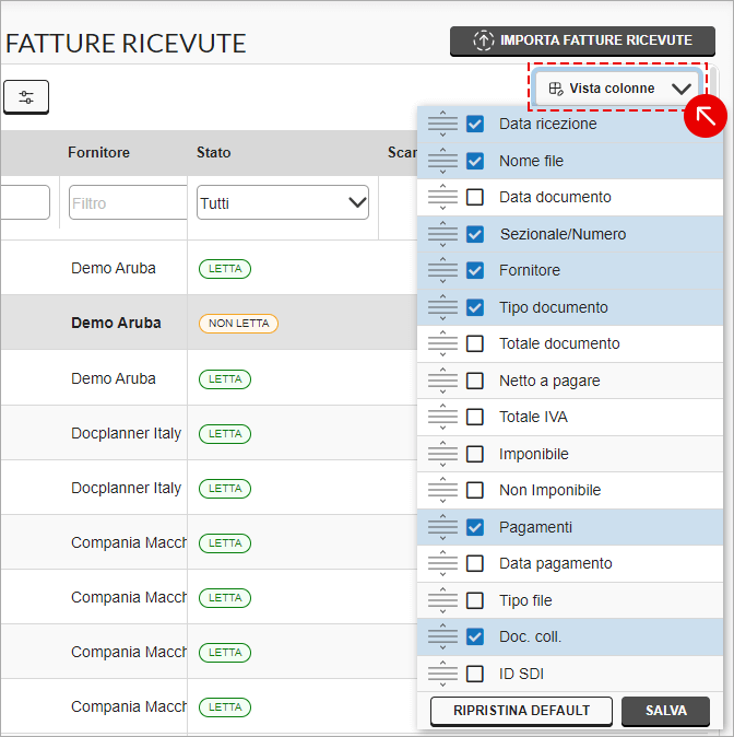 Personalizzazione delle colonne nella lista delle fatture ricevute