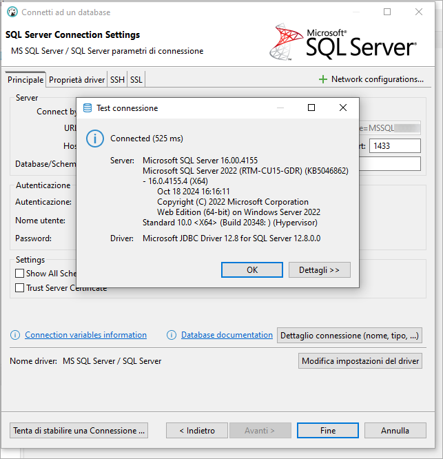 DBeaver – Test connessione SQL Server riuscito (Connected); finestra con dettagli server/driver e pulsanti OK e Dettagli.