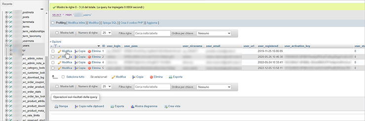 phpMyAdmin: tabella wp_users con elenco utenti; link Modifica sulla riga selezionata.