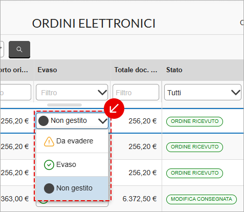 Menu per cambiare lo stato dell’ordine elettronico