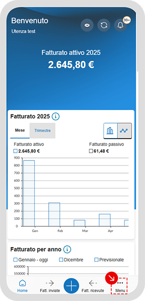 Schermata dell’app Aruba Fatture con pulsante Menu evidenziato