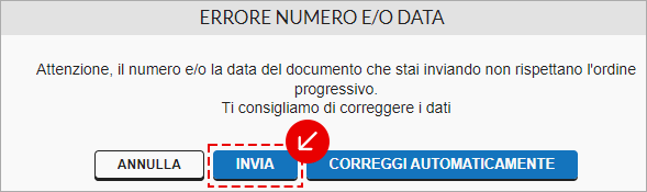 Messaggio di errore sul numero o sulla data del documento con pulsante Invia evidenziato