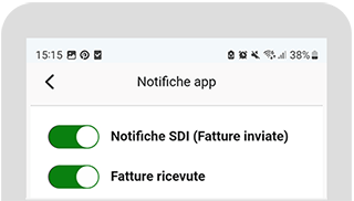 Schermata Notifiche app con attivazione delle notifiche SDI (Fatture inviate) e Fatture ricevute