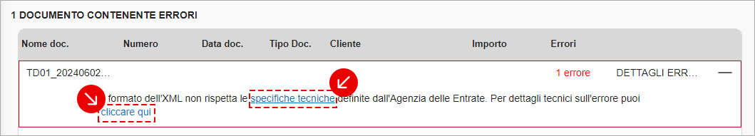 Elenco documenti con errore di validazione XML e messaggio di dettaglio evidenziato