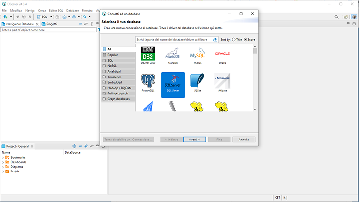 DBeaver – Connetti a un database: elenco driver con SQL Server selezionato; campo filtro visibile e pulsante Avanti.