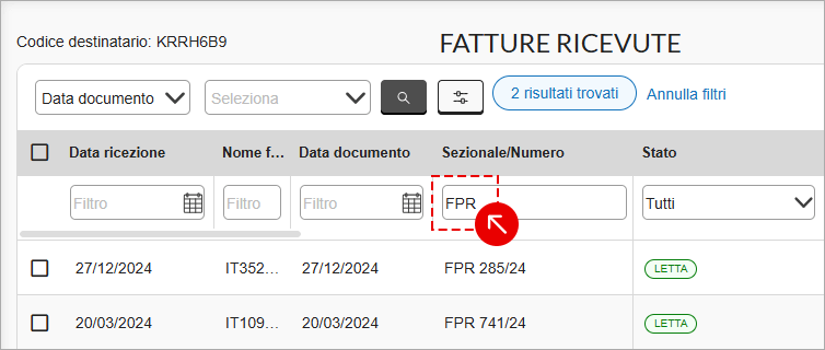 Filtro Sezionale/Numero nella lista delle fatture ricevute