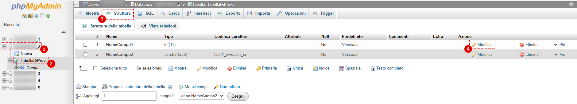 phpMyAdmin: 1 seleziona database, 2 espandi, 3 scheda Struttura di “TabellaDiProva”, 4 azione Modifica sul campo.
