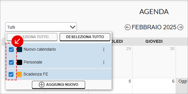 Selezione calendari agenda