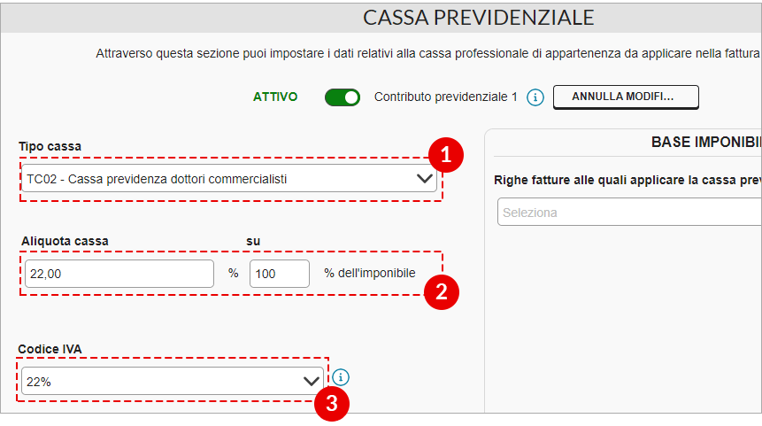 Sezione Cassa previdenziale con campi per selezionare tipo cassa, aliquota e codice IVA