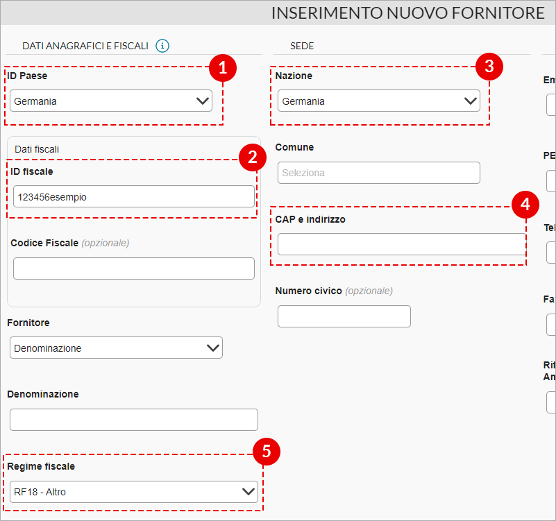 Inserimento di un nuovo fornitore estero con compilazione di ID Paese, ID fiscale, sede e regime fiscale