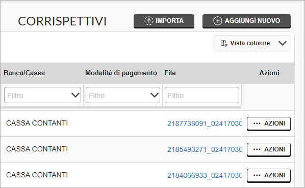 Colonna file corrispettivi importati con azioni disponibili