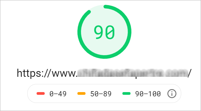 PageSpeed Insights: punteggio 90 per l’URL testato; legenda intervalli 0–49, 50–89, 90–100.