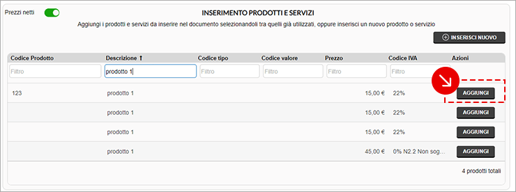 Aggiunta prodotto al documento