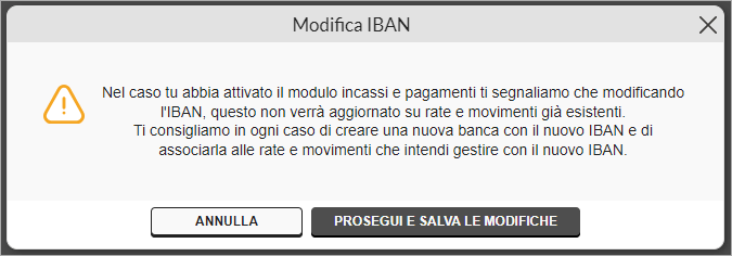 Popup modifica IBAN con avviso e pulsanti Annulla e Prosegui e salva le modifiche