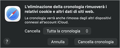 Finestra di Safari per cancellare la cronologia con opzione intervallo e pulsante Cancella cronologia