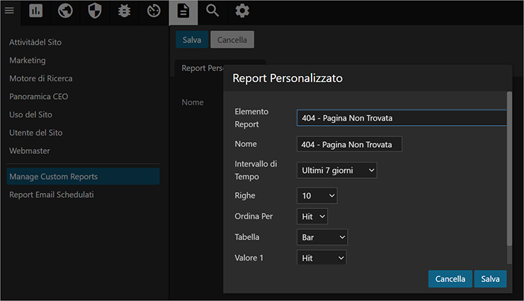 Finestra “Report Personalizzato”: report 404 Pagina Non Trovata, Ultimi 7 giorni, 10 righe, ordina per Hit, tabella Bar.