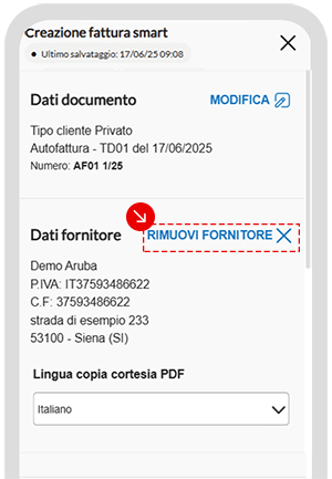 Schermata di creazione fattura smart con opzione Rimuovi fornitore evidenziata