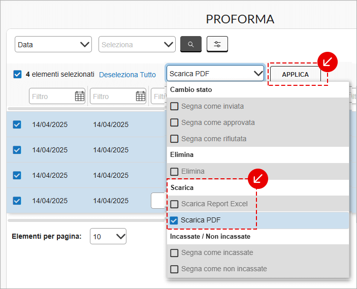 Menu azioni Proforma con opzione Scarica PDF e pulsante Applica
