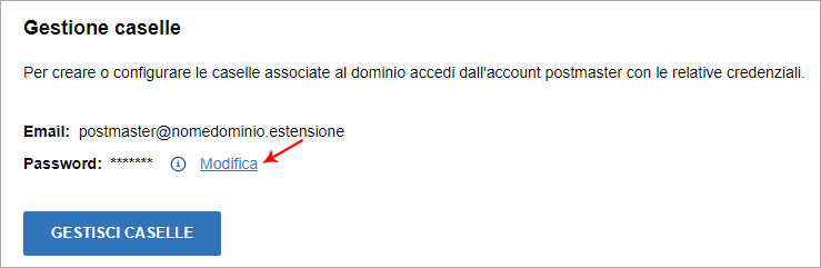Schermata Gestione caselle con email postmaster e link Modifica per aggiornare la password