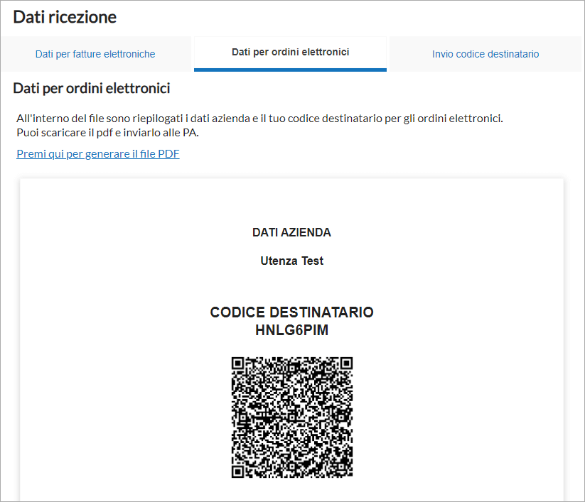 PDF con dati azienda e codice destinatario per ordini elettronici