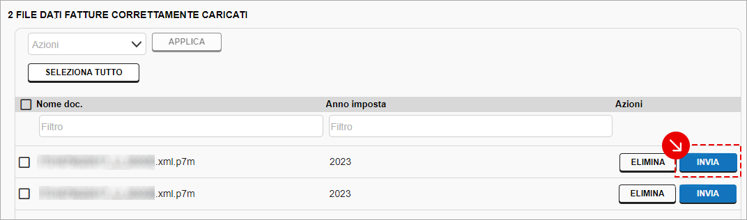 Elenco file Dati Fatture correttamente caricati con pulsante ‘Invia’ per ogni riga