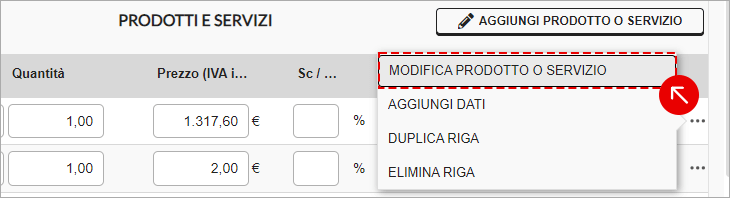 Menu azioni della riga prodotto con opzione Modifica prodotto o servizio evidenziata