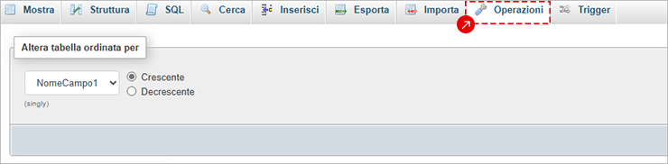 phpMyAdmin: scheda Operazioni della tabella con “Altera tabella ordinata per” su NomeCampo1 e scelta ordine.