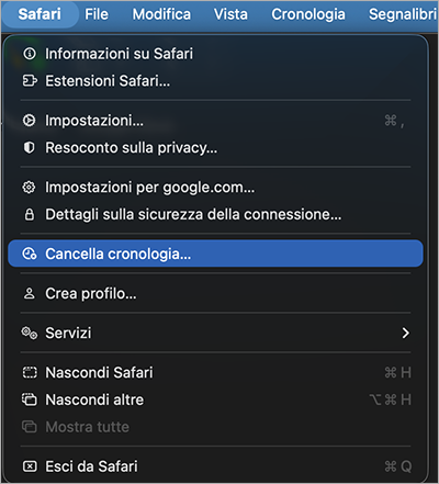 Menu Safari su macOS con voce Cancella cronologia selezionata per eliminare i dati di navigazione