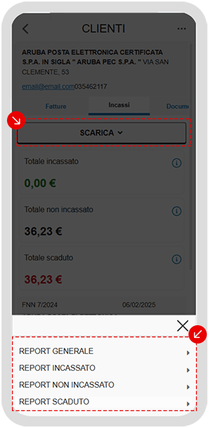 Menu Scarica report incassi nell’app
