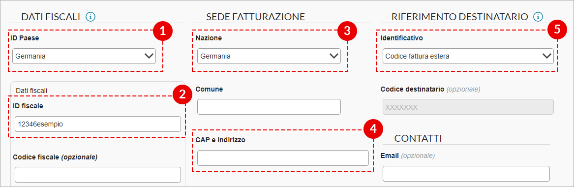 Inserimento dei dati per cliente estero con compilazione di dati fiscali, sede di fatturazione e riferimento destinatario
