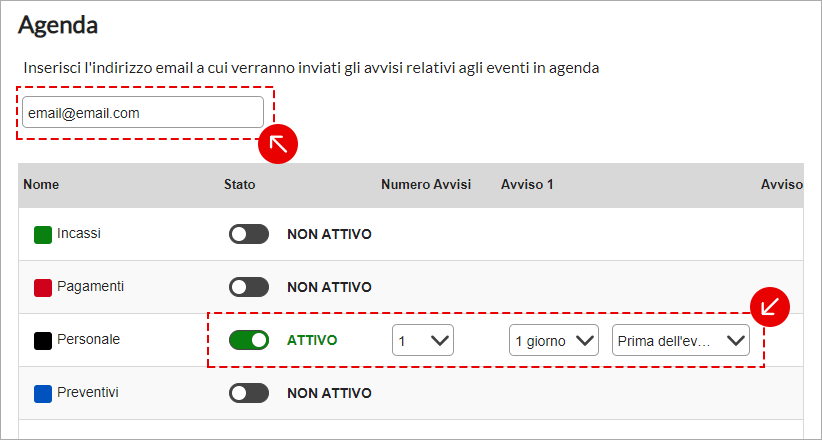 Sezione Agenda con campo email per ricevere gli avvisi e attivazione delle notifiche con anticipo e modalità di invio