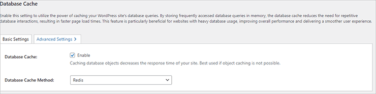 W3 Total Cache > Database Cache: Enable attivo; metodo Redis selezionato; schede Basic/Advanced Settings.