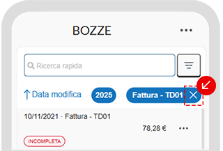 Rimozione di un filtro attivo nella sezione Bozze dell’app