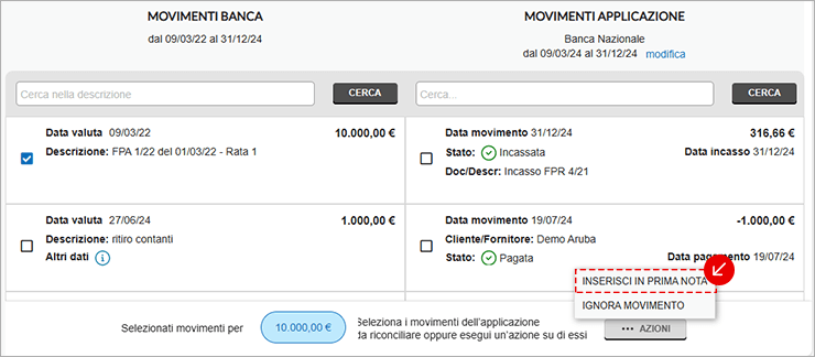 Menu azioni movimento banca con Inserisci in prima nota