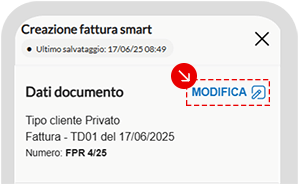 Schermata dell’app di creazione fattura smart con link Modifica dei dati documento evidenziato