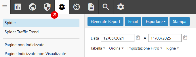 SmarterStats, sezione Spider con icona Spider evidenziata; campi Data e pulsanti Generate Report, Email, Esportare, Stampa