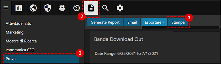 Report Prova aperto; pulsante Stampa evidenziato accanto a Generate Report, Email e Esportare.