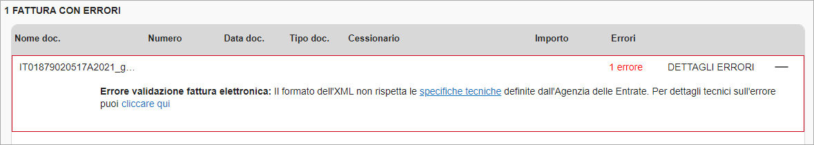 Elenco delle fatture con errore di validazione XML evidenziato